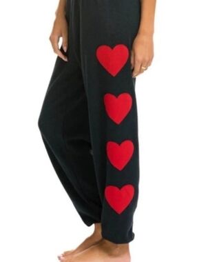 NWT Aviator Nation Black Jogger Pants with Red Heart Stitched Appliqués